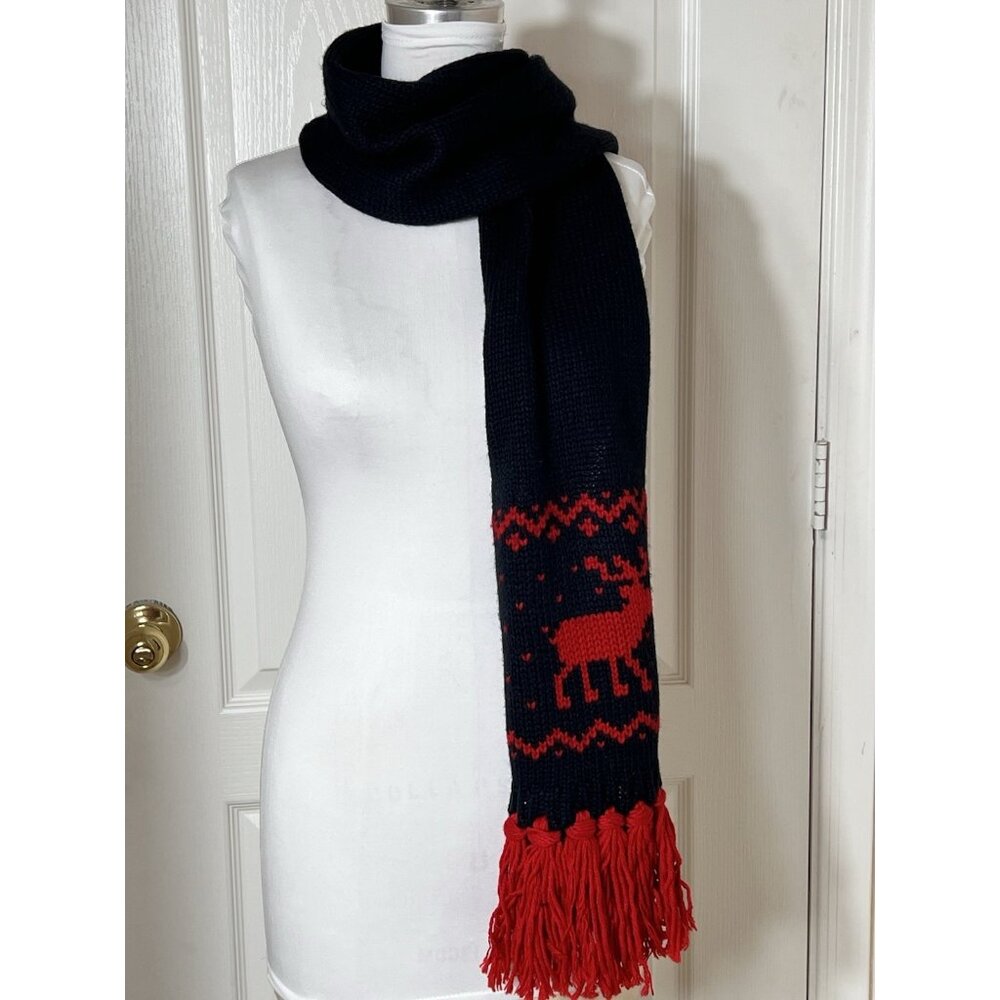 Abercrombie & Fitch NWT Winter Scarff Black knit with‎ red deer and tassels